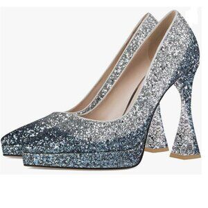 YDN Blue Silver Glitter Platform Pointed Toe Pumps Special High Heels Shoes